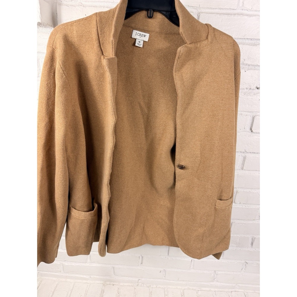 J Crew Womens M Camel Sweater Blazer 100% Cotton Knit Jacket Patch Pockets
